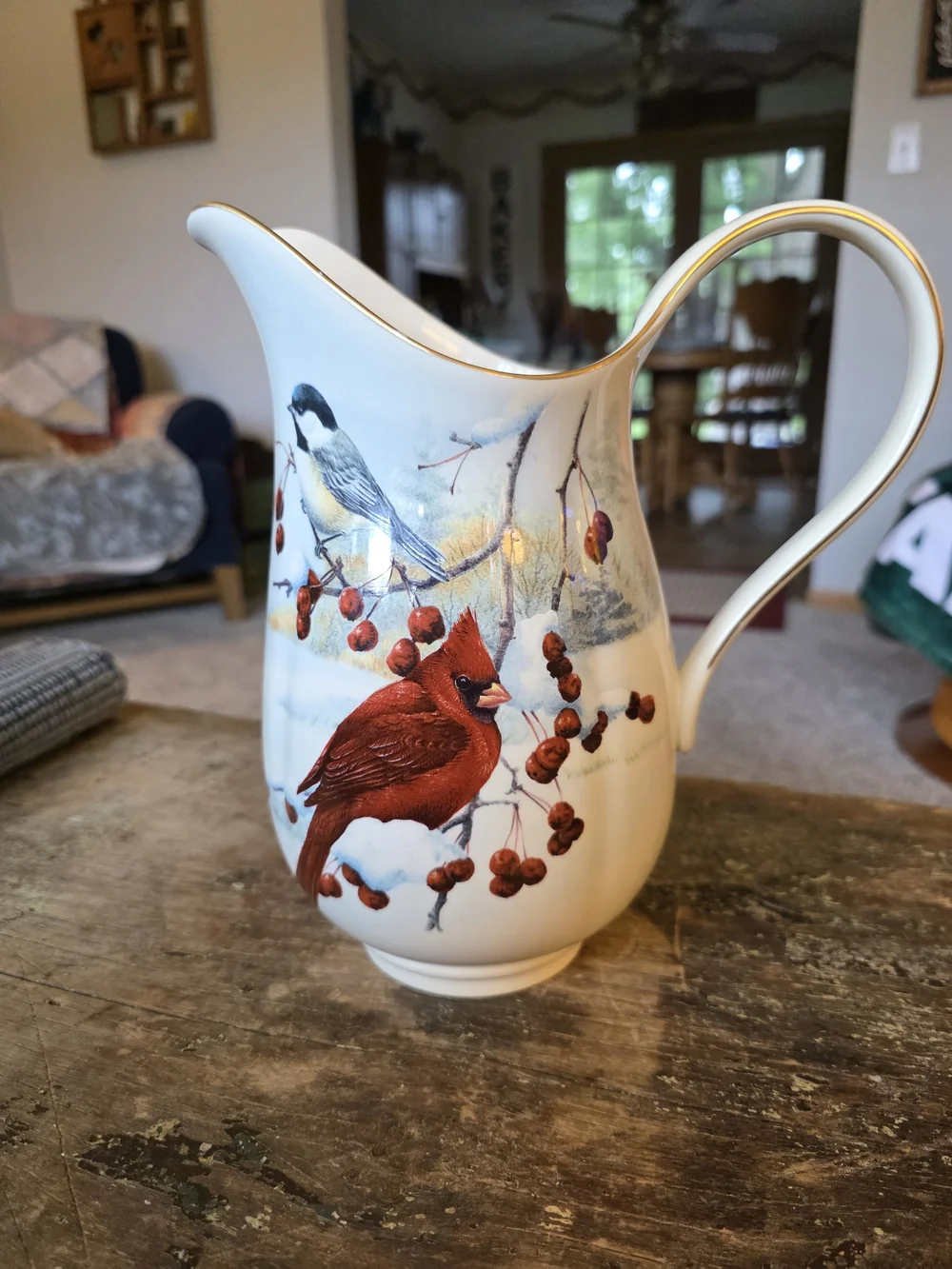 Lenox Ceramic Pitcher with Cardinal and Chickadee Illustration in Red and White